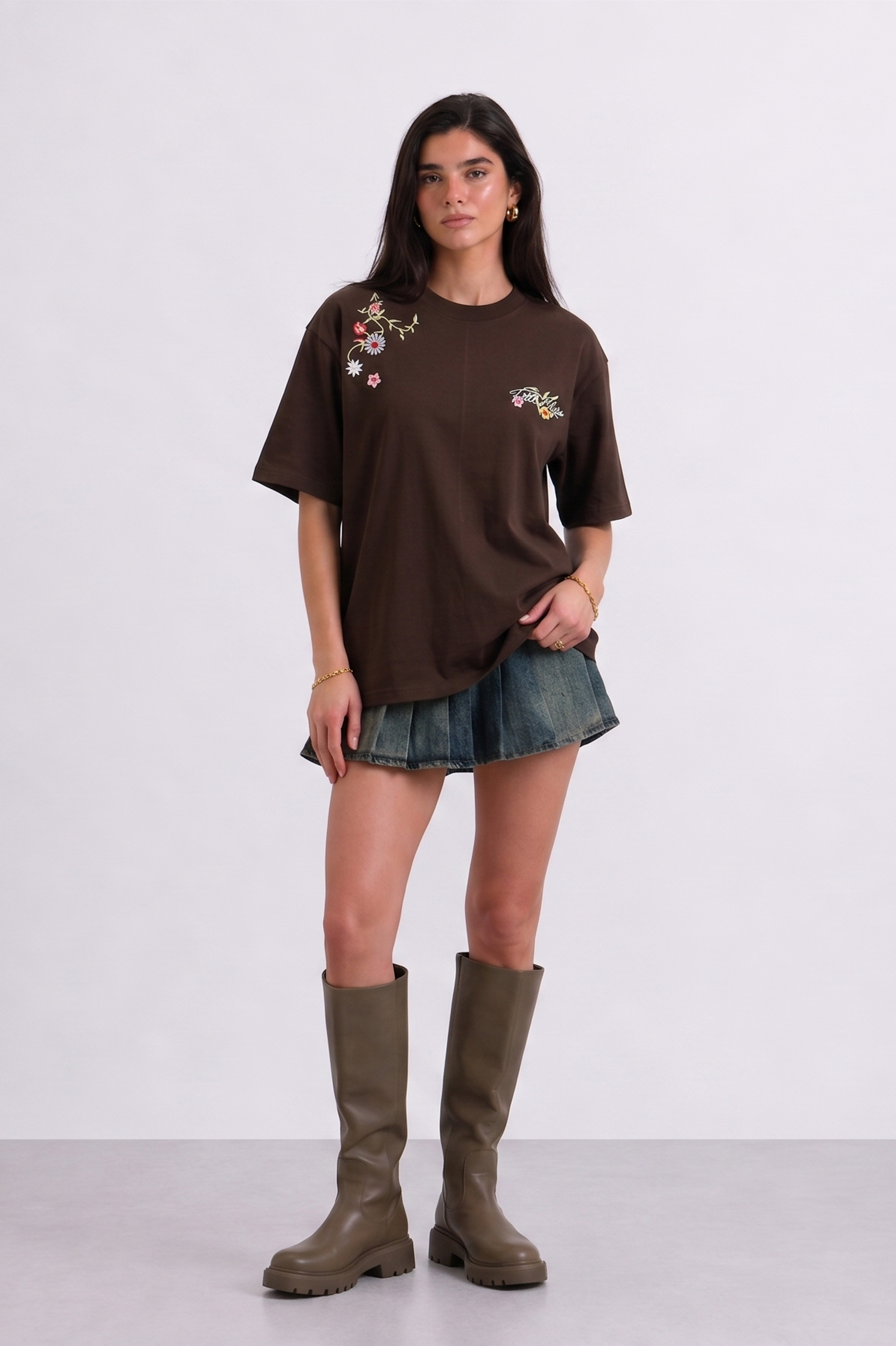 Floral Script Embroidery Oversized T-shirt