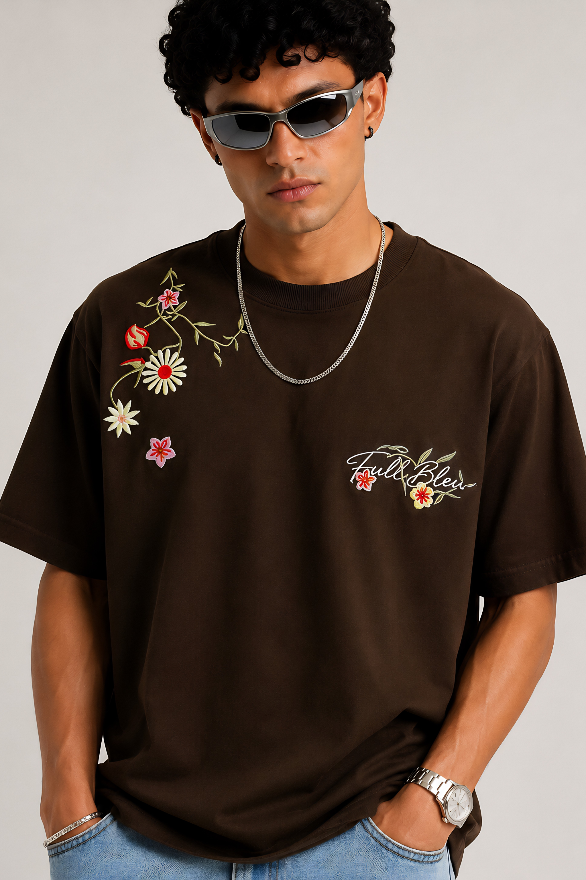 Floral Script Embroidery Oversized T-shirt