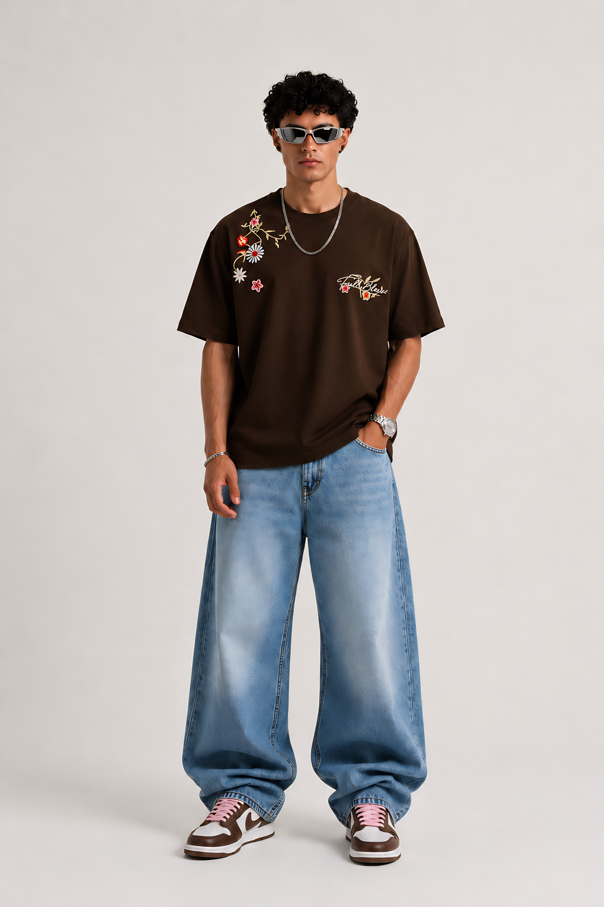 Floral Script Embroidery Oversized T-shirt