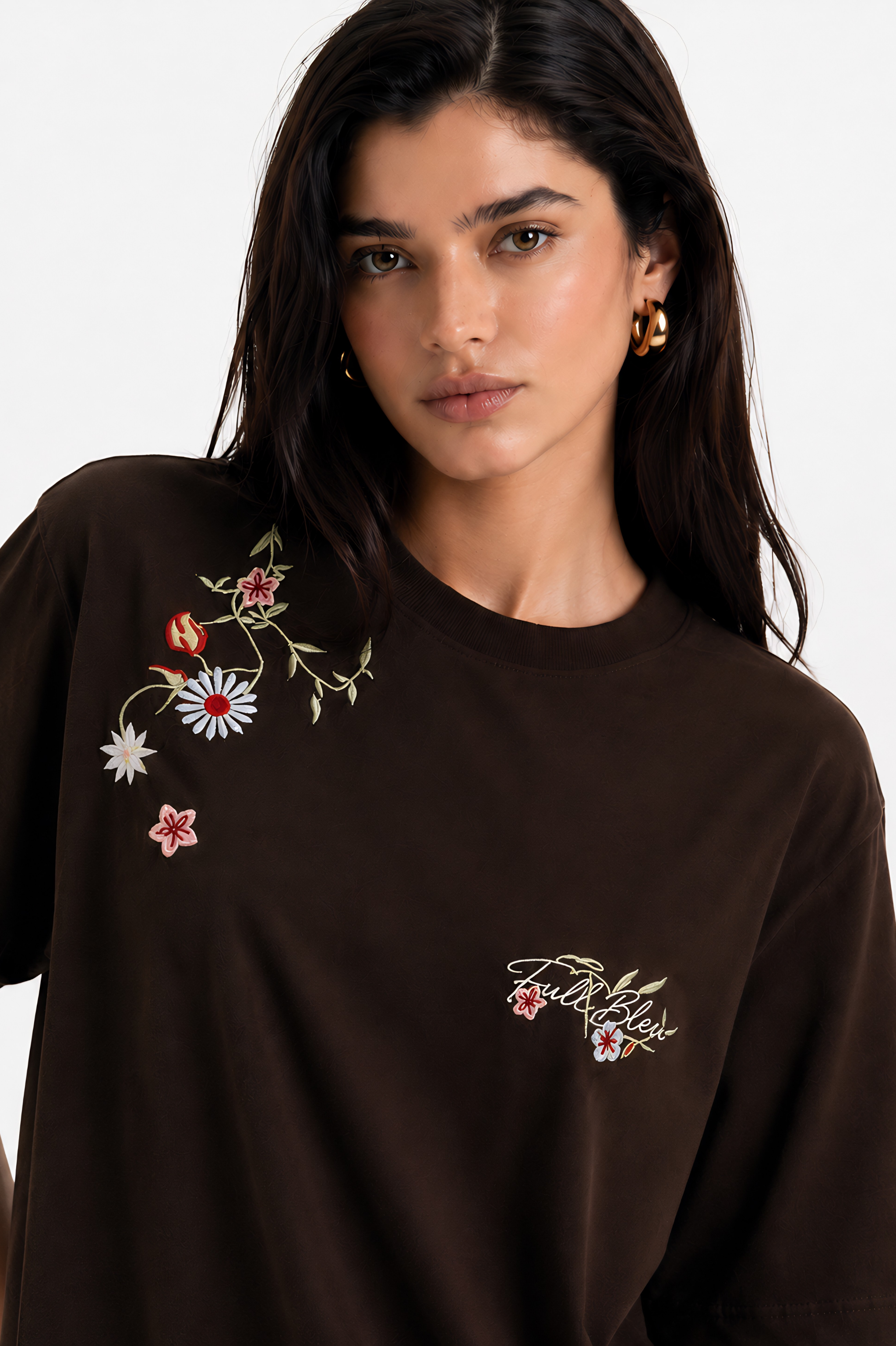 Floral Script Embroidery Oversized T-shirt